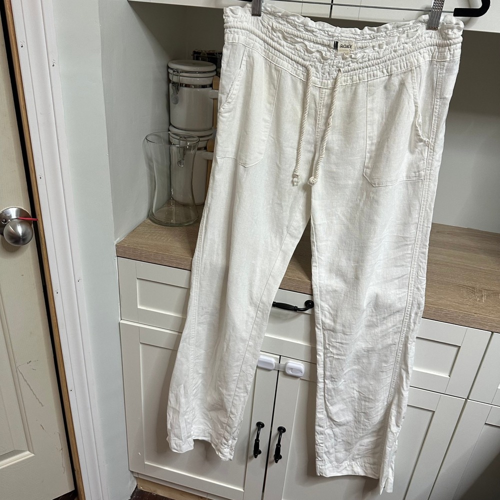 Roxy Oceanside Linen Blend Beach Pants Women M Smocked Drawstring Breezy Coastal